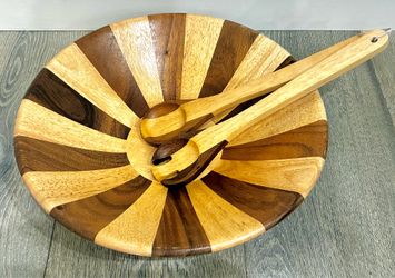 Large Two-Tone Wooden Serving Bowl + Servers