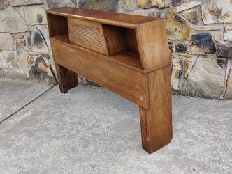 Full Size Mid Century Cane Door Storage Bookcase Headboard