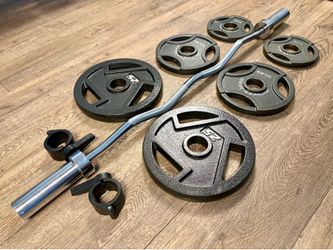 Olympic  Curl Bard & Brand NEW  Cast Iron Weight Plates 25s, 10s and 5s . Total: 97 lbs