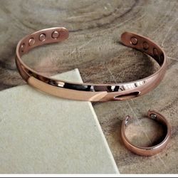 Solid Copper Magnetic Dome Bracelet & Ring Set Arthritis Men Women Cuff Ring