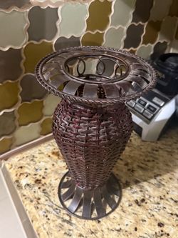Woven Rattan & Metal Vase – Dark Brown Decorative Flower Holder