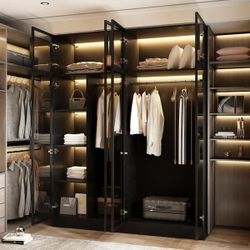 Black Wooden Tempered Glass Doors Wardrobe Armoires