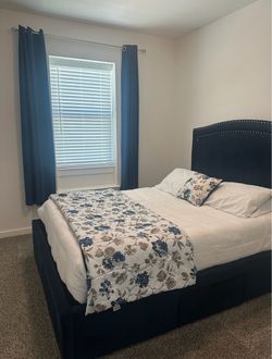 Navy Blue Upholstered Bed Frame with Headboard