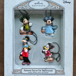 Hallmark 2007 Disney Famous Faces for Halloween mini ornament Set of 4 Mickey, Minnie, Goofy ,Donald.  Like new in original Box 