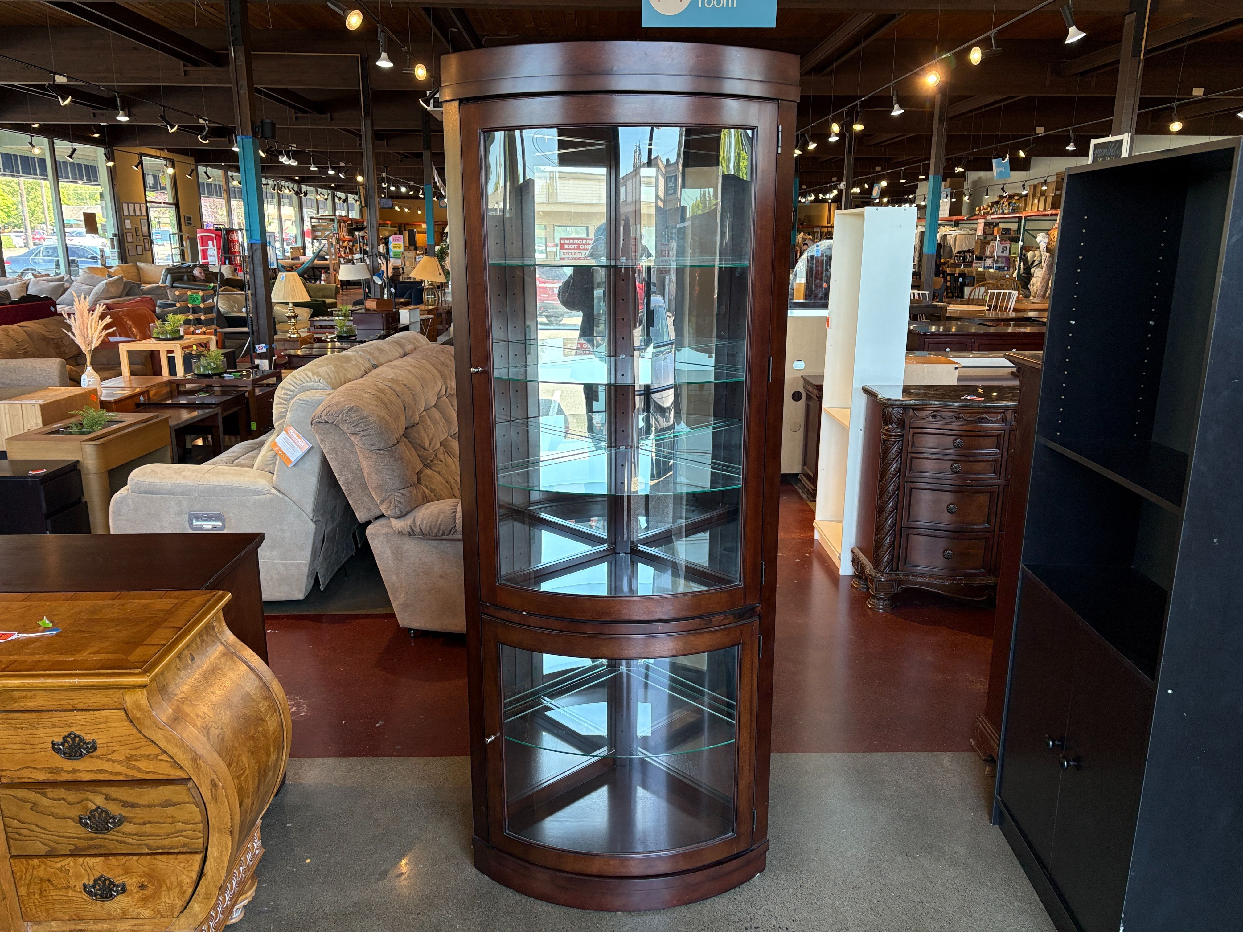 PULASKI 5-Shelf Illuminated Corner Curio Cabinet in Cherry Brown
