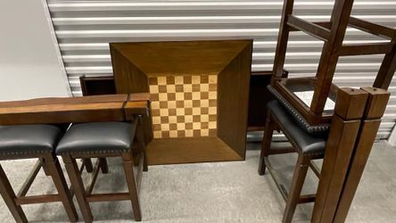 5-Piece Counter Height Dining/Game Table Set – 4 Padded Stools – Dark Wood