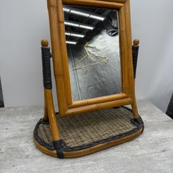 VTG Mid Century Bamboo Boho Bohemian Vanity Dresser Mirror Wicker Home Decor