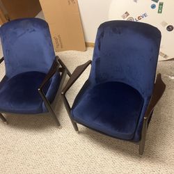 2 Wooden Framed Navy Blue Velvet Accent Chairs