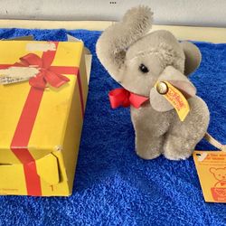 1989 Steiff Jumbo Elephant Button Label Tag 1305/09 West German + Box