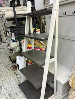 White and dark wood ladder bookshelf