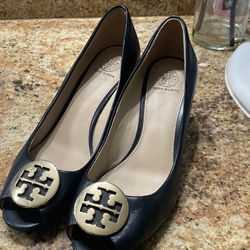 Tory Burch Benton Peep Toe Wedge Heel Nappa Leather