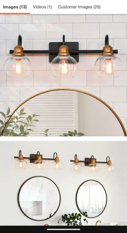 3-Light Modern Aged Brass and Black Bathroom Vanity Light with Clear Glass Globe Shades Bathroom Sconce