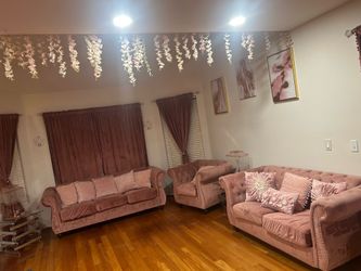 Living room sofa set end tables curtains