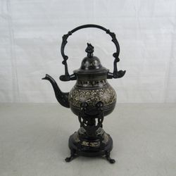 Etched Brass Ornate Tilt Tea Pot On Stand & Warmer 11" Tall


