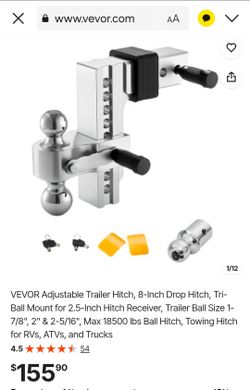 VEVOR Adjustable Trailer Hitch, 8-Inch Drop Hitch, Tri-Ball Mount for 2.5-Inch Hitch Receiver, Trailer Ball Size 1-7/8", 2" & 2-5/16", Max 18500 lbs B