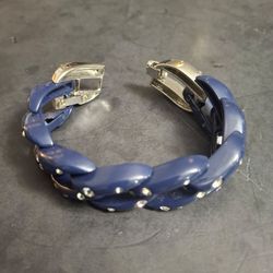 Modern Chunky Link Bracelet With Navy Blue Enamel, Rhinestones & Stainless Steel Size 7-7.5