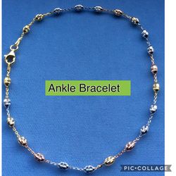 Diamond Cut Ankle Bracelet TriColor Gold/Rose/Sterling Silver Italy 925 *Ship Nationwide Or Pickup Boca Raton