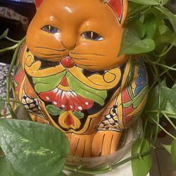 Talavera Cat Planter Animal Kitty Pot Mexican Pottery Folk Art 