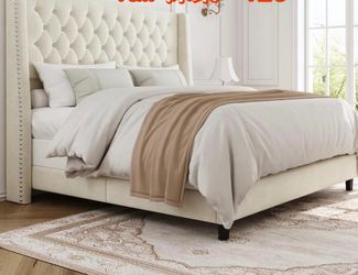 Full Bed Frame with 55" Tall Headboard, Upholstered Bed Frames, Soft Fabric, Button Tufted Headboard with Windback, Platform Bed, Noise-Free, No Box S