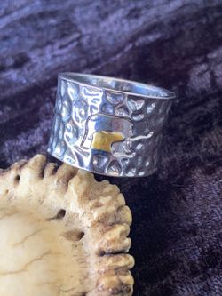 Unique Hammered Silver With Gold Bear Ring