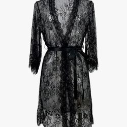 Plus Size 2X Women Sexy Sheer Lingerie Lace Mesh Robe Kimono  See Through Longsleeve Nightgown Babydoll Sleepwear