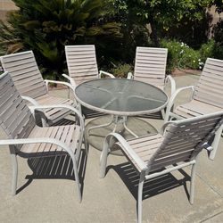 PATIO SET 6 STACKABLE Aluminum CHAIRS with Armrest ROUND Glass Table