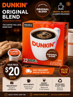 Dunkin’ Original Blend K-Cups 32 Count – Medium Roast – New