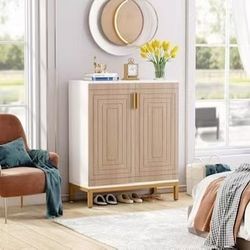 ❤️‍🔥 37.4 inch H 5 Tier 20 pair White and Natural Shoe Cabinet with Shelves for Entryway$70