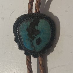 Vintage Bolo Tie Silver And Turquoise Bennett  I Did Not Clean This One Up