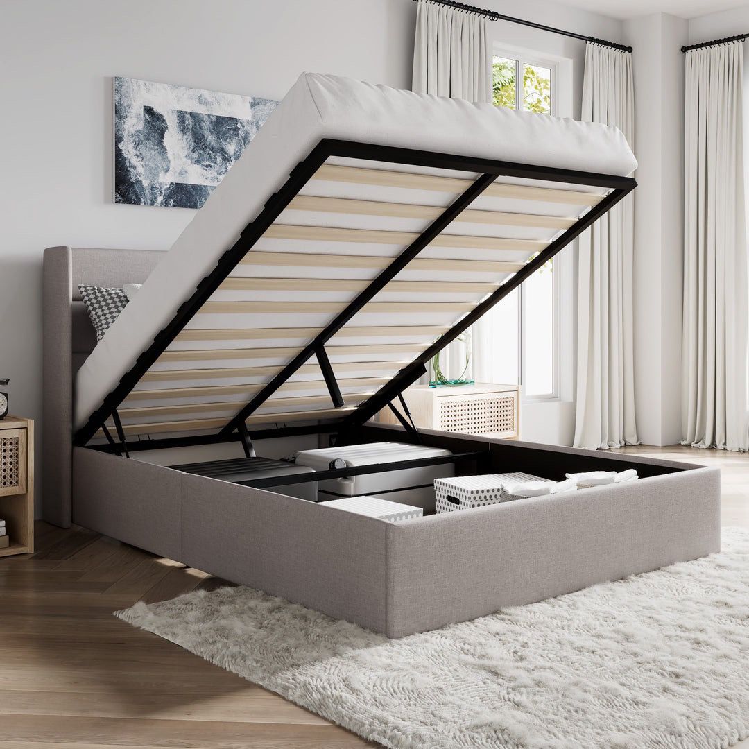 Queen Size Lift Up Storage Bed / Wingback Headboard / Upholstered Platform Bed Frame / No Box Spring Needed