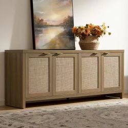 New assembled TV Stand for Living Room Rattan Entertainment Center for Bedroom with 4 Rattan Cabinets Farmhouse Television Stands with Storage Large M