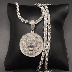 925 Sterling Silver 2.20CT MOISSANITE Lion Pendant Rope Chain men’s Necklace 