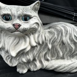 Cat Large Vintage Ceramic Grey laying down  Cat Décor Figure