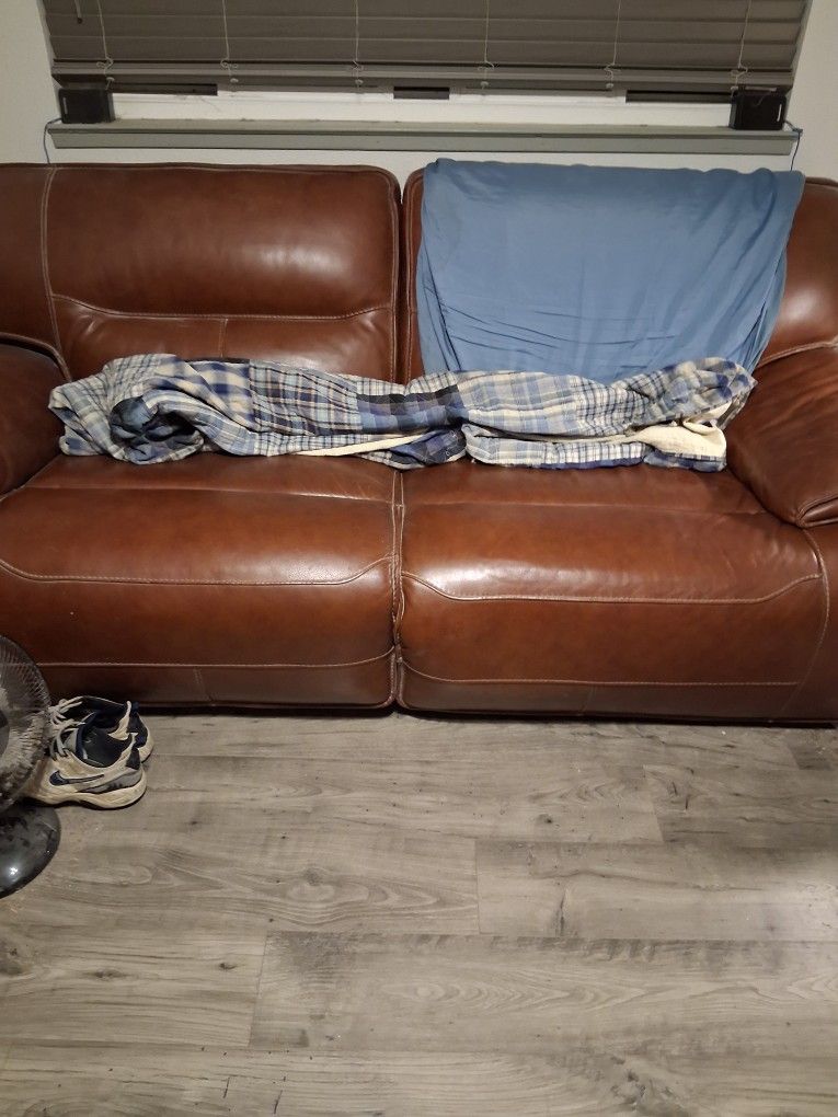 7ft Leather Couch With Double Power Recliners