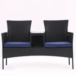 Outdoor Patio Loveseat Set, All Weather PE Rattan and Steel Frame Conversation Furniture with Built-in Coffee Table, Tempered Glass Top and Removable 