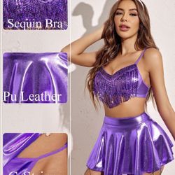 Avidlove Rave Outfits for Women Sequin Fringe Outfits Cosplay Lingerie 3pack Costume Set with Metallic Skirt