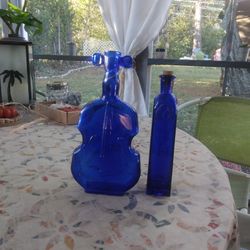 Vintage Cobalt Blue Violin And Bottle