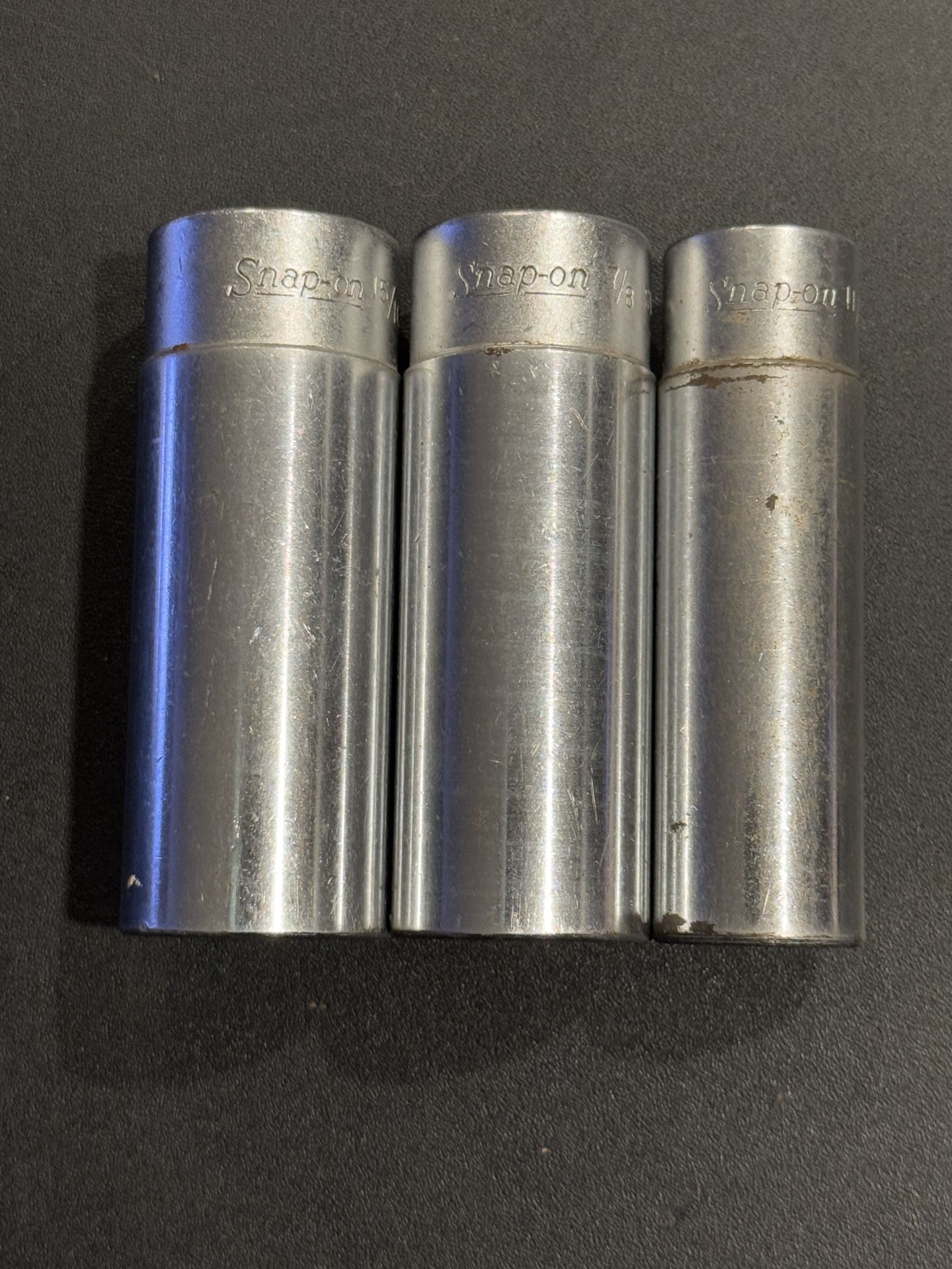 Lot Of 3 Snap on SVS series 12pt 1/2” Dr. deep sockets 301-15/16”, 281-7/8”, & 221-11/16”