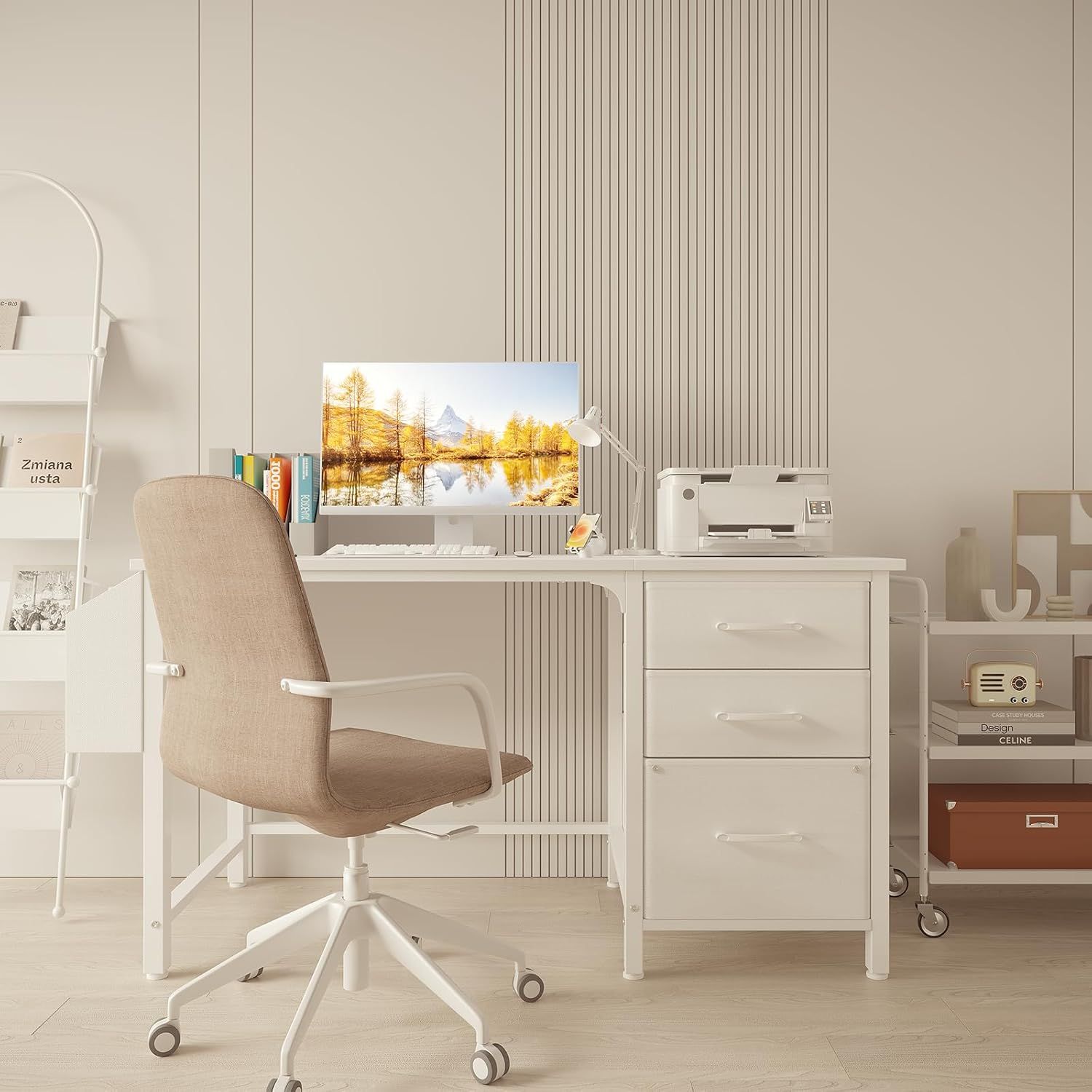 Lufeiya White Desk with Fabric File Drawers Cabinet, 47 Inch Reversible Computer Desk with Filing Cabinet for Bedroom Small Space Home Office, Modern