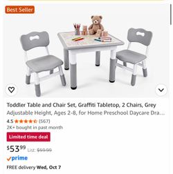 Toddler Table and Chair Set, Graffiti Tabletop, 2 Chairs, Grey Adjustable Height, Ages 2-8, for Home Preschool Daycare Drawing Eating Learning and Pla