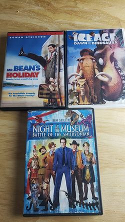 3 Movies DVDs Mr. Bean's Holiday. Night at the Museum Ice Age: Dawn of the Dinosaurs