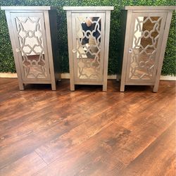 Mirrored Gray Side Table/Night Stand with Cabinet Door