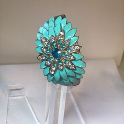 Vintage Metal Aqua  Enamel Rhinestones Hinged Cuff Bracelet