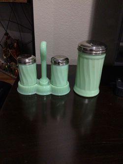 Vintage Pair of Jadeite Salt and pepper shakers and sugar set