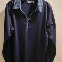 Lady Hagen Johnny Collar long-sleeve polo shirt in navy blue with plaid trim. Size XXL
