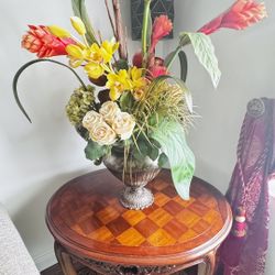 Designer Flower Arrangement And Inlaid Wood Side Table