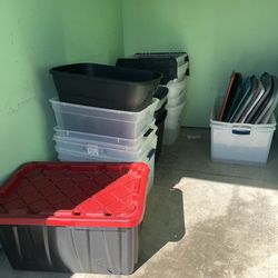 20 plastic tote boxes great for holding bulk items but some boxes are missing lids