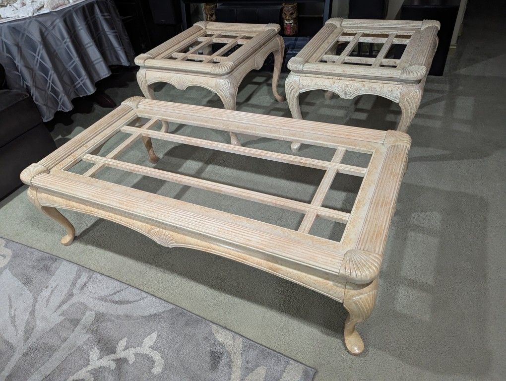 NICE COFFEE TABLE AND TWO END TABLES, GLASS TOPS IN GREAT CONDITION