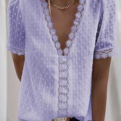 ☀️ Womens Summer Lace Tops V Neck Short Sleeve Shirts Vintage Elegant Polka Dot Blouses Tunic