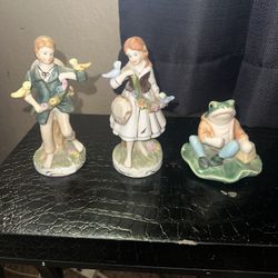 Vintage Antique French Porcelain Boy /girl/ frog Figurine